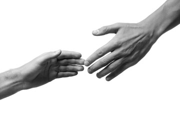 Man giving helping hand to friend on white background, closeup. Toned in black and white