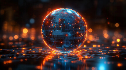 glowing sphere with intricate data patterns and circuit lines floats against a dark background, symbolizing advanced technology, data processing, and the digital world