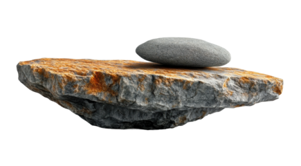 Set of smooth stones balanced on flat rock, natural harmony concept for spa, meditation, and relaxation themes isolated on transparent background