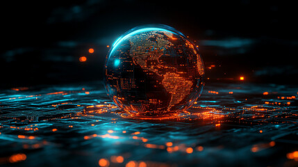 glowing sphere with intricate data patterns and circuit lines floats against a dark background, symbolizing advanced technology, data processing, and the digital world
