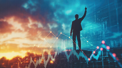 Obraz premium An Upward trending graph with silhouette of person reaching for success, symbolizing business achievement and growth