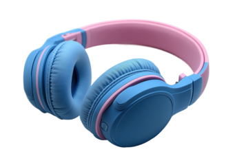 Stylish blue and pink over-ear headphones with modern design, vibrant color accents, and soft cushioning for comfort, music accessory isolated on transparent background