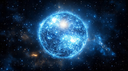 glowing sphere with intricate data patterns and circuit lines floats against a dark background, symbolizing advanced technology, data processing, and the digital world