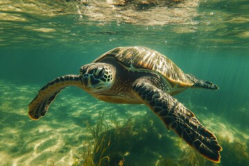Obraz premium Underwater sea turtle swimming gracefully near seabed.