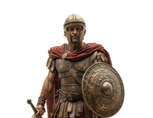 Centurion standing confidently with sword and shield in a classic Roman military pose. Isolated on transparent background, png.