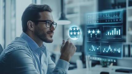 Man reviewing positive customer feedback on digital screen.