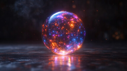 glowing sphere with intricate data patterns and circuit lines floats against a dark background, symbolizing advanced technology, data processing, and the digital world