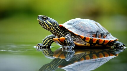 Obraz premium Turtle in water, reflective surface.