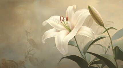 Obraz premium Elegant white lily blossom with bud, soft background.
