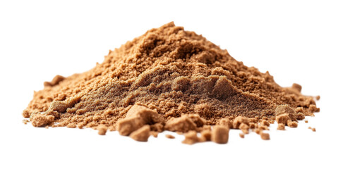 Pile of fine brown sugar in close-up view, showing granular texture, ideal for baking, cooking, and sweetening food or beverages isolated on transparent background