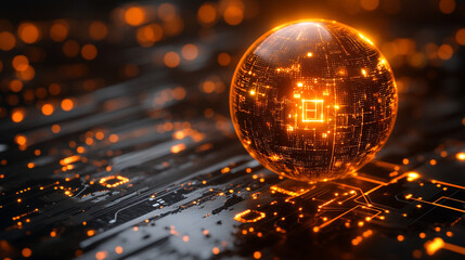glowing sphere with intricate data patterns and circuit lines floats against a dark background, symbolizing advanced technology, data processing, and the digital world