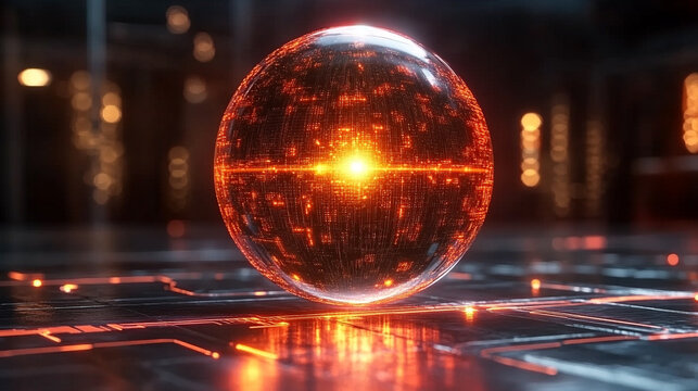 glowing sphere with intricate data patterns and circuit lines floats against a dark background, symbolizing advanced technology, data processing, and the digital world