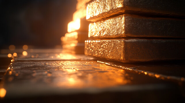 A blurred image of stacked gold bars evoking a sense of wealth, luxury, and the elusive pursuit of success amidst chaotic surroundings symbolizing stability in a world of uncertainty


