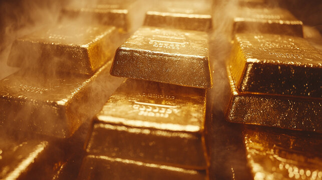 A blurred image of stacked gold bars evoking a sense of wealth, luxury, and the elusive pursuit of success amidst chaotic surroundings symbolizing stability in a world of uncertainty

