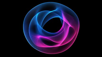 Abstract glowing neon circle with pink and blue waves.