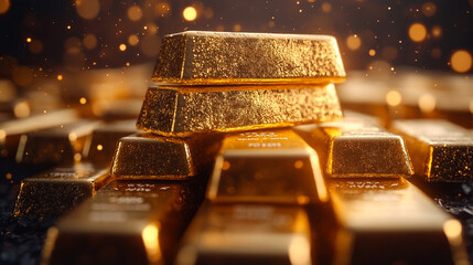 A blurred image of stacked gold bars evoking a sense of wealth, luxury, and the elusive pursuit of success amidst chaotic surroundings symbolizing stability in a world of uncertainty

