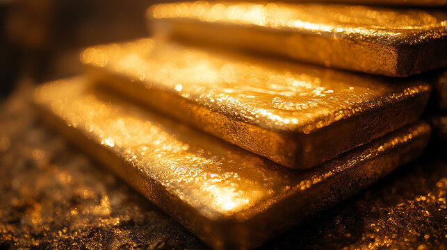 A blurred image of stacked gold bars evoking a sense of wealth, luxury, and the elusive pursuit of success amidst chaotic surroundings symbolizing stability in a world of uncertainty

