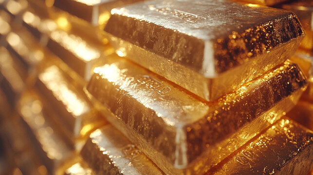 A blurred image of stacked gold bars evoking a sense of wealth, luxury, and the elusive pursuit of success amidst chaotic surroundings symbolizing stability in a world of uncertainty

