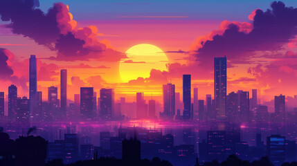 Fototapeta premium Urban Skyline Sunset with Glowing Sun, Colorful Clouds, and Shimmering Skyscrapers