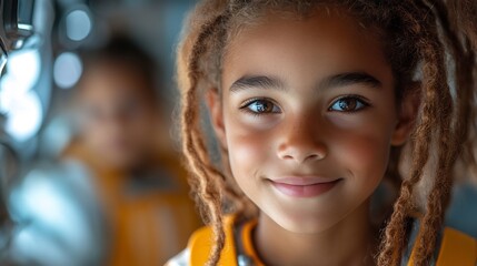 Fototapeta premium Group of diverse kids sitting in a futuristic classroom equipped with advanced technology bonding with their smiling teacher while engaged in interactive learning