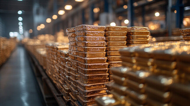 A blurred image of stacked gold bars evoking a sense of wealth, luxury, and the elusive pursuit of success amidst chaotic surroundings symbolizing stability in a world of uncertainty

