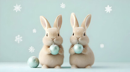 Obraz premium Two adorable bunnies holding ornaments, surrounded by snowflakes, perfect for a festive winter theme.