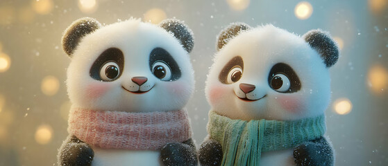 Fototapeta premium Two cute pandas wearing colorful scarves stand together in a winter wonderland filled with softly glowing lights.