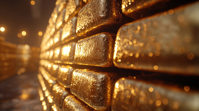 A blurred image of stacked gold bars evoking a sense of wealth, luxury, and the elusive pursuit of success amidst chaotic surroundings symbolizing stability in a world of uncertainty


