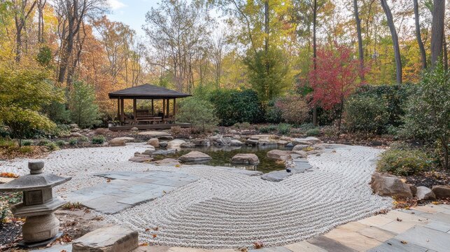 Serene autumnal zen garden with gazebo and pond.