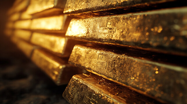 A blurred image of stacked gold bars evoking a sense of wealth, luxury, and the elusive pursuit of success amidst chaotic surroundings symbolizing stability in a world of uncertainty

