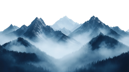 Mystical mountain range covered in fog, dramatic peaks and misty landscape with moody atmospheric design perfect for fantasy and nature themes isolated on transparent background
