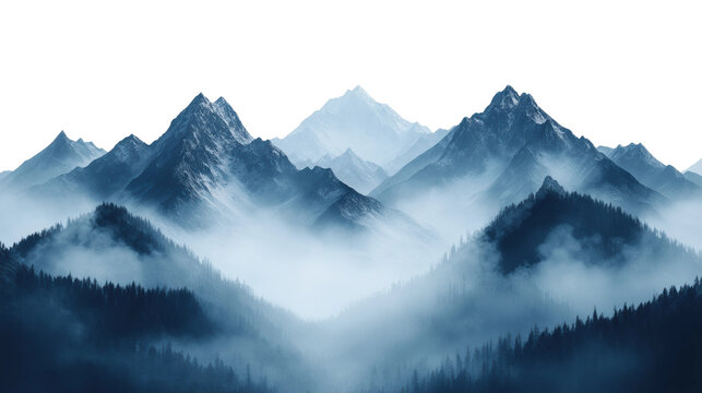 Mystical mountain range covered in fog, dramatic peaks and misty landscape with moody atmospheric design perfect for fantasy and nature themes isolated on transparent background