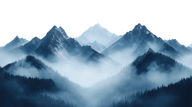 Mystical mountain range covered in fog, dramatic peaks and misty landscape with moody atmospheric design perfect for fantasy and nature themes isolated on transparent background