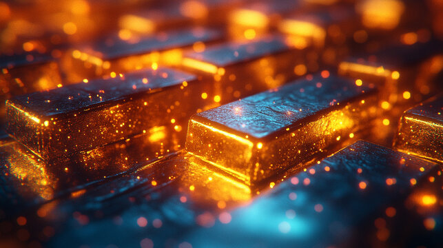 A blurred image of stacked gold bars evoking a sense of wealth, luxury, and the elusive pursuit of success amidst chaotic surroundings symbolizing stability in a world of uncertainty

