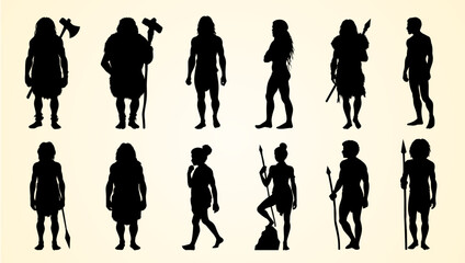 Silhouettes of prehistoric humans with tools and weapons showcasing ancient lifestyles and cultures.