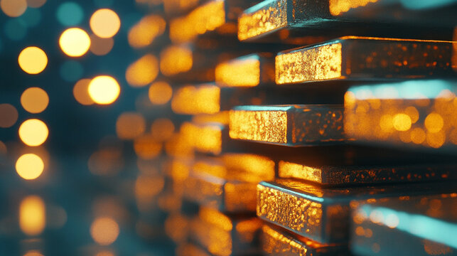 A blurred image of stacked gold bars evoking a sense of wealth, luxury, and the elusive pursuit of success amidst chaotic surroundings symbolizing stability in a world of uncertainty

