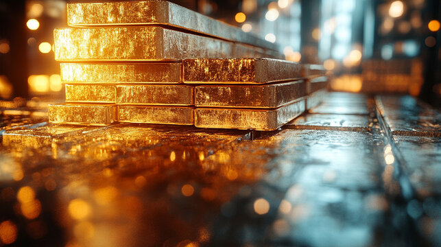 A blurred image of stacked gold bars evoking a sense of wealth, luxury, and the elusive pursuit of success amidst chaotic surroundings symbolizing stability in a world of uncertainty

