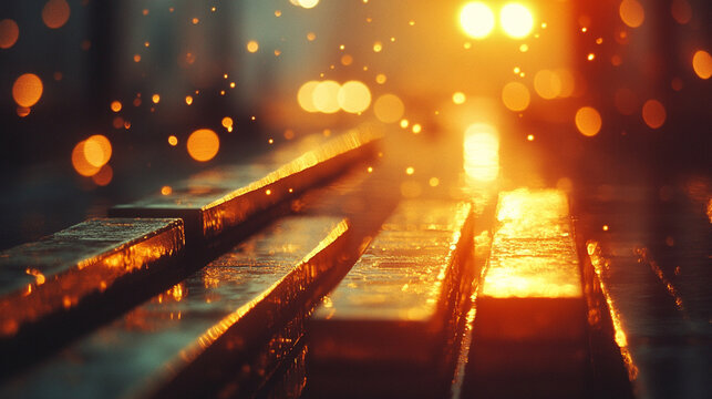 A blurred image of stacked gold bars evoking a sense of wealth, luxury, and the elusive pursuit of success amidst chaotic surroundings symbolizing stability in a world of uncertainty

