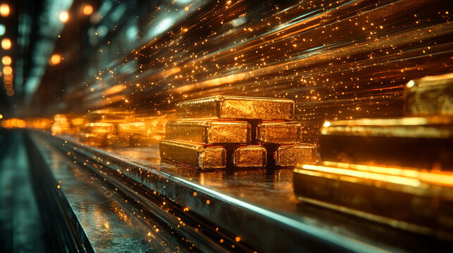 A blurred image of stacked gold bars evoking a sense of wealth, luxury, and the elusive pursuit of success amidst chaotic surroundings symbolizing stability in a world of uncertainty

