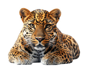 Obraz premium Majestic leopard resting showcasing its vibrant coat and piercing gaze. Isolated on transparent background, png.