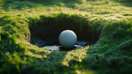 golf ball teetering on the edge of the hole symbolizing the tension and unpredictability of life, capturing the balance between success and failure in a moment of chaos and anticipation

