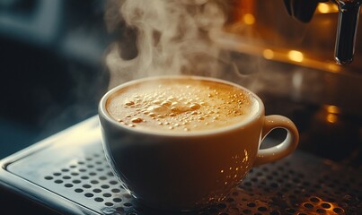 Steaming coffee cup on coffee machine.