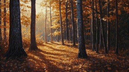 Fototapeta premium Sunlit autumn forest path with golden leaves and tall trees.