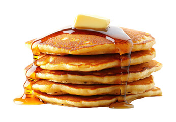 Stack of pancakes with melted butter and maple syrup, classic breakfast food, sweet dessert or brunch treat, golden fluffy texture isolated on transparent background