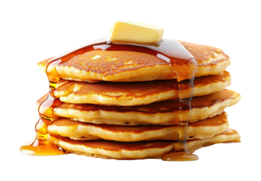 Stack of pancakes with melted butter and maple syrup, classic breakfast food, sweet dessert or brunch treat, golden fluffy texture isolated on transparent background