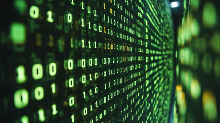 A vibrant digital background of green and yellow binary data streams representing the chaotic and dynamic flow of information, symbolizing technology, progress, and the digital world.

