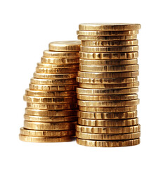 Tall stack of shiny gold coins with detailed engravings, symbol of wealth, investment, and prosperity isolated on transparent background