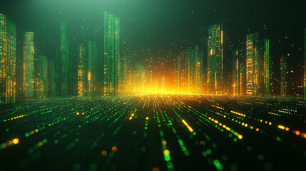 A vibrant digital background of green and yellow binary data streams representing the chaotic and dynamic flow of information, symbolizing technology, progress, and the digital world.


