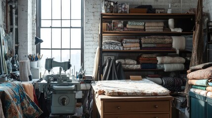 A designer's studio with piles of fabric, a sewing machine, and measuring tools, creating custom textile patterns, soft natural light, 