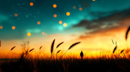 A serene landscape at sunset with a silhouetted figure amidst tall grass, illuminated by soft, glowing orbs in a vibrant sky.